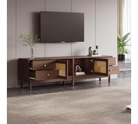 Kebnor Mobile TV lungo 180 cm, effetto legno scuro con due ante in rattan, quattro cassetti, gestione dei cavi e cerniere idrauliche, adatto per TV fino a 80 pollici