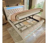Kebnor Moderno letto imbottito, letto singolo, imbottito con luci a LED, testiera con porte USB e di tipo C, letto idraulico, velluto (senza materasso) (beige, 160 x 200 cm)