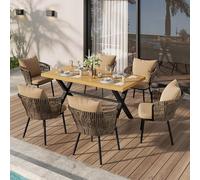 Kebnor Moderno set da pranzo per esterni, in rattan, per il tempo libero e la riunione per più persone, struttura in ferro intrecciato, cuscino incluso
