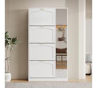 Kebnor Scarpiera moderna con specchio, 4 scomparti pieghevoli, ripiano regolabile dietro lo specchio destro, ideale per corridoio, bianco, dimensioni: B80/H147/T24 cm