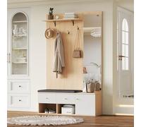 Kebnor Set appendiabiti multifunzione alto in legno, appendiabiti con specchio, scarpiera, imbottitura, cassetto, scaffale e appendiabiti, colore legno + bianco 120 x 40 x 200 cm