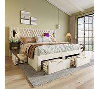 Kebnor Set completo per camera da letto, letto imbottito, letto matrimoniale con 2 comodini e 4 cassetti, testiera con funzione di ricarica USB, velluto (senza materasso) (beige, 180 x 200 cm)