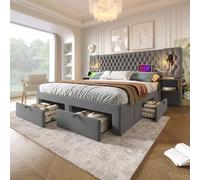 Kebnor Set completo per camera da letto, letto imbottito, letto matrimoniale con 2 comodini e 4 cassetti, testiera con funzione di ricarica USB, velluto (senza materasso) (grigio, 180 x 200 cm)