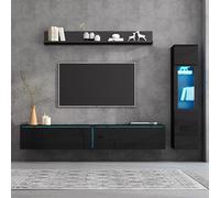 Kebnor Set da parete per TV, 3 pezzi, illuminazione a LED, colore nero lucido, set di mobili da soggiorno, parete frontale nero, 1 armadio TV, 1 vetrina per soggiorno, 1 mensola sospesa, TV fino a 80