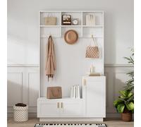 Kebnor Set di appendiabiti con panca e scarpiera multifunzionale, con 3 ganci sospesi e spazio aperto, portaoggetti rettangolare e scaffali, guardaroba per corridoio, 200 x 120 x 40 cm (bianco)