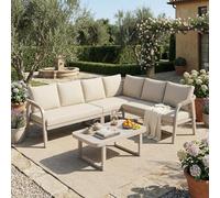 Kebnor Set di mobili da giardino, posizione angolare, può ospitare fino a 6 persone, braccioli e schienali intrecciati, tubi in acciaio zincato, con divano ad angolo e tavolino da caffè (beige)