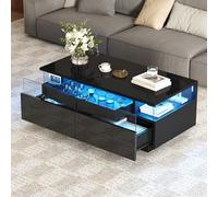 Kebnor Tavolino con vassoio, tavolino lucido per soggiorno, divano con 2 cassetti, tavolino portante in vetro temperato, tavolino da caffè con luce a LED, 90 x 45 x 35,5 cm (nero)
