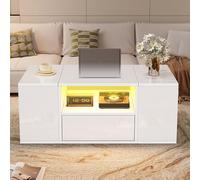Kebnor Tavolino da caffè (100 x 50 x 40 cm), tavolino con un cassetto, un divano con due armadi, un tavolo da soggiorno lucido con strisce luminose a LED, tavolino da caffè con 6 scomparti (bianco)