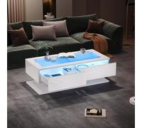 Kebnor Tavolino da salotto, lucido, tavolo da soggiorno con cassetti, tavolino con luce a LED, piano in vetro, 100 x 50 x 35 cm (bianco)