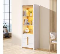 Kebnor Vetrina bianca da 200 cm, con illuminazione a LED, libreria con 3 cassetti e 3 scomparti, per soggiorno, cucina, sala da pranzo, armadietti con divisorio regolabile, 55 x 40 x 200 cm