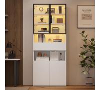 Kebnor Vetrina con cassetti e armadi, vetrina in vetro con ante in vetro e LED, armadietto alto con piattaforma di archiviazione aperta, libreria, vetrina, bianco, 70 x 30 x 200 cm
