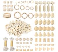Keboyoe 147 pezzi Set di Perline in Legno Naturale Kit Anelli di Macramè legno Perline Include Rotonde Anelli in Legno Stelle e Forme D'amore per DIY Artigianato Ciondolo Acchiappasogni Decorazione