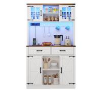 KecDuey Armadio alto, mobile bar con illuminazione LED e prese elettriche, grande credenza da cucina con 2 grandi cassetti, design porta del fienile, ripiani regolabili