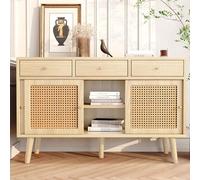 KecDuey Credenza 120 x 40 x 78 cm, cassettiera con 3 cassetti e 3 ante scorrevoli, in rattan intrecciato sulla parte anteriore della porta, gambe in legno massiccio, maniglia in metallo dorato,