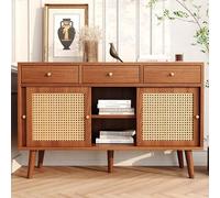 KecDuey Credenza 120 x 40 x 78 cm, cassettiera con 3 cassetti e 3 ante scorrevoli, in rattan intrecciato sulla parte anteriore della porta, gambe in legno massiccio, maniglia in metallo dorato,