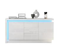 KecDuey Credenza 140 x 35 x 72 cm, cassettiera per camera da letto, soggiorno, tavolino con 3 cassetti, armadietto con ripiani regolabili e 2 ante, cassetti lucidi con LED