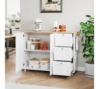 KecDuey Isola da cucina, 135 x 44 (70) x 90 cm, grande tavolo da cucina mobile, piano di lavoro in legno di rovere, design pieghevole, 3 cassetti, portasciugamani (bianco)