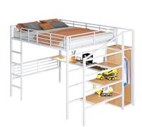 KecDuey Letto a soppalco, 140 x 200 cm, letto in ferro, senza materasso, telaio con scrivania, armadio aperto, scala a gradini per la conservazione, telaio in ferro (bianco, 140 x 200 cm)