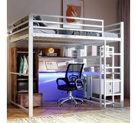 KecDuey Letto a soppalco 140 x 200 cm, letto in metallo con luci a LED, telaio del letto con scrivania, 1 cassetto, scaffali, ringhiere, scale, senza materasso (bianco, 140 x 200 cm)