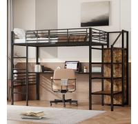 KecDuey Letto a soppalco, 90 x 200 cm, in ferro, senza materasso, telaio con scrivania, armadio aperto, scala a gradini per la conservazione, telaio in ferro nero