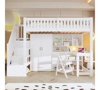 KecDuey Letto a soppalco 90 x 200 cm, in legno, con scaletta, armadio, scrivania, letto per ragazzi con cassetti, vano portaoggetti, senza materasso