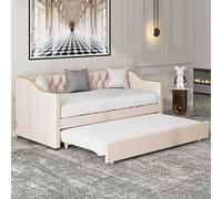KecDuey Letto imbottito 90 x 200 cm con cassetta, letto funzionale per ragazzi, in tessuto di lino resistente, letto per gli ospiti allungabile (senza materasso) (beige)