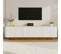 KecDuey Mobile TV basso moderno con spazio di archiviazione, design arrotondato, gestione dei cavi, parte anteriore della trama, bianco, console multimediale in MDF per soggiorno