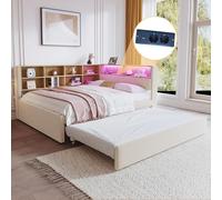KecDuey Telaio letto 140 x 200 cm, letto estraibile 90 x 190 cm, dotato di luci LED, prese e molti scomparti, letto singolo, tessuto di flanella beige