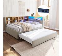 KecDuey Telaio letto 140 x 200 cm, letto estraibile 90 x 190 cm, dotato di luci LED, prese e molti scomparti, letto singolo, tessuto di flanella, grigio chiaro