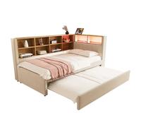 KecDuey Telaio letto 90 x 200 cm, letto estraibile 90 x 190 cm, dotato di luci LED, prese e molti scomparti, letto singolo, tessuto di flanella (beige, 90 x 200/90 x 190 cm)