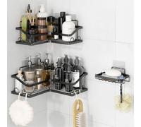 KedioPio Mensola Doccia Angolare, 3 Pezzi Antiruggine Portaoggetti Doccia Angolare con Porta Sapone Senza Forare, Adesivo Ripiano Scaffale Doccia Shower Shelf con 12 Ganci per Bagno o Cucina, Nero