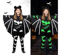 KEEBAX Halloween Costume Da Pipistrello Fosforescente Per Bambini: Costumi Mantello Tuta Festa Cosplay Con Ali Di Pipipistrello Carnevale (XL(140-150CM))