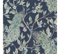 Keeka Pavone Carta da Parati Esotico Uccelli Metallico Fiori Foglie Navy 946100