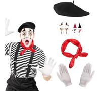 KEELYY Costume Carnevale, 4 pezzi Costumi Pantomime da Donna e Uomo, Berretto nero con Fazzoletti Rossi, Guanti Bianchi, Tatuaggio Facciale per Carnevale, Feste a Tema