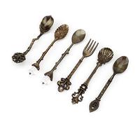 Keenso Squisito Set Vintage con Forchetta e Cucchiaio, Utensili da in Stile Corte Europea per la Caffetteria del Negozio di tè Al Latte, Manico a Forma di Cuore in Bronzo Rosso, Set da 6 Pezzi (#4)
