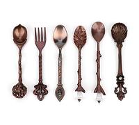 Keenso Squisito Set Vintage con Forchetta e Cucchiaio, Utensili da in Stile Corte Europea per la Caffetteria del Negozio di tè Al Latte, Manico a Forma di Cuore in Bronzo Rosso, Set da 6 Pezzi (#3)