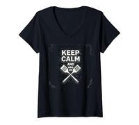 Keep Calm And BBQ On: Mantra del Maestro del Grill Maglietta con Collo a V, Donna, Nero, L