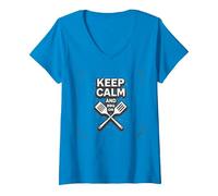 Keep Calm And BBQ On: Mantra del Maestro del Grill Maglietta con Collo a V, Donna, Zaffiro, XL