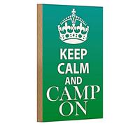 Keep Calm and Camp On | Targa decorativa in legno stile retrò per gli appassionati di campeggio | Verde con corona | 12 cm x 18 cm