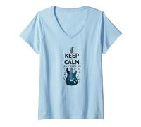 Keep Calm And Rock On Guitar Music Lover Wall Maglietta con Collo a V, Donna, Celeste, XL