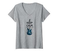 Keep Calm And Rock On Guitar Music Lover Wall Maglietta con Collo a V, Donna, Grigio Melange, S