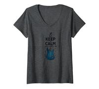 Keep Calm And Rock On Guitar Music Lover Wall Maglietta con Collo a V, Donna, Grigio Scuro, L
