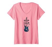 Keep Calm And Rock On Guitar Music Lover Wall Maglietta con Collo a V, Donna, Rosa, L
