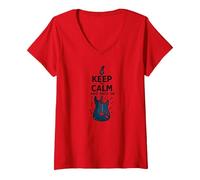 Keep Calm And Rock On Guitar Music Lover Wall Maglietta con Collo a V, Donna, Rosso, M