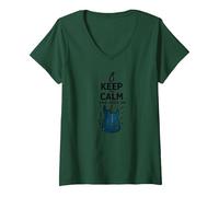Keep Calm And Rock On Guitar Music Lover Wall Maglietta con Collo a V, Donna, Verde Foresta, S