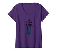 Keep Calm And Rock On Guitar Music Lover Wall Maglietta con Collo a V, Donna, Viola, L