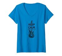 Keep Calm And Rock On Guitar Music Lover Wall Maglietta con Collo a V, Donna, Zaffiro, XXL