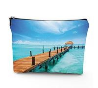 Keep Calm, borsa per cosmetici in lino da donna, con scritta "Keep Calm and Carry On", organizer per trucchi, impermeabile, idea regalo, rosa e blu, 17,8 x 22,9 cm, Blu e Marrone_12, Taglia unica,