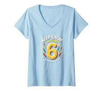 Keep Calm I Just Turned 6° Regalo di Compleanno per Bambini Maglietta con Collo a V, Donna, Celeste, M