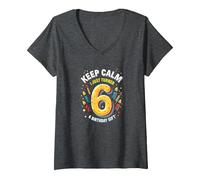 Keep Calm I Just Turned 6° Regalo di Compleanno per Bambini Maglietta con Collo a V, Donna, Grigio Scuro, XL